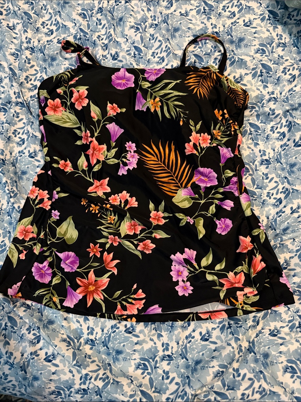 Floral Black Scoop swim Tank Top with Straps